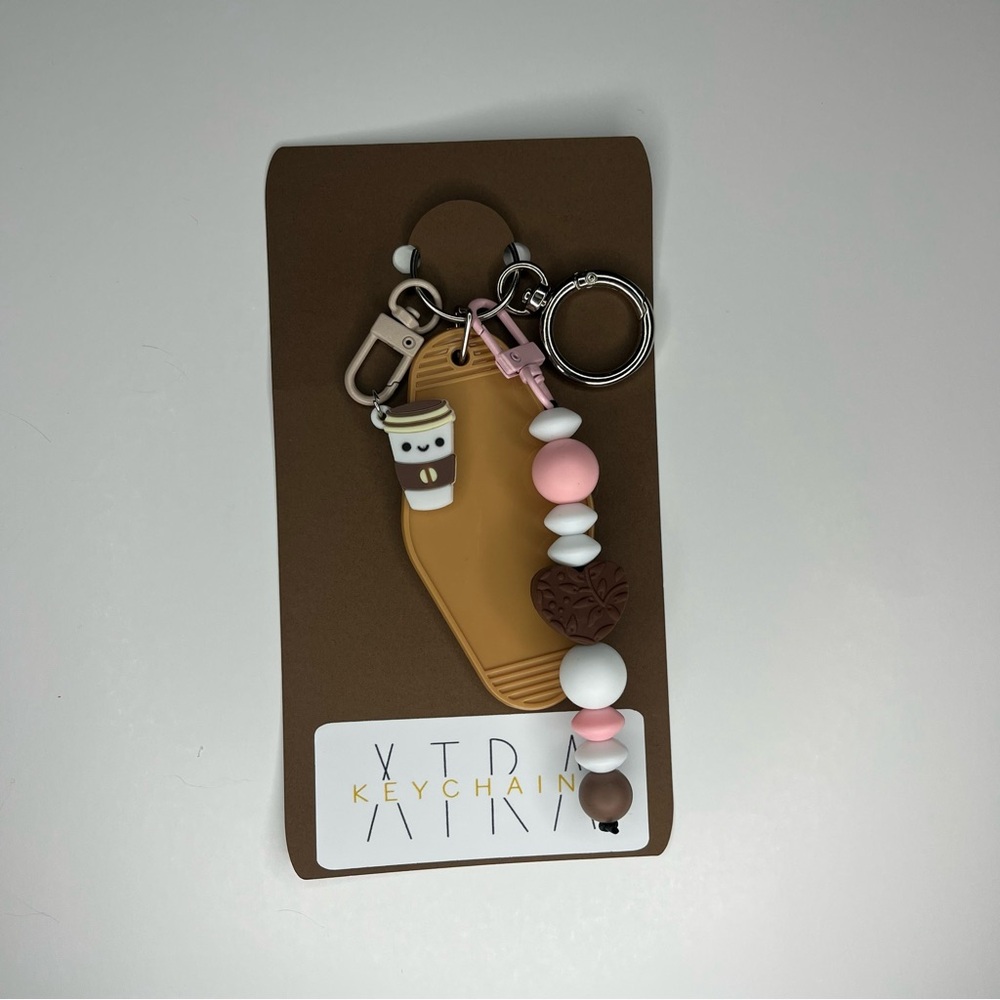 Coffee Cup Keychain with Silicone Beads and Tan Motel Keychain
